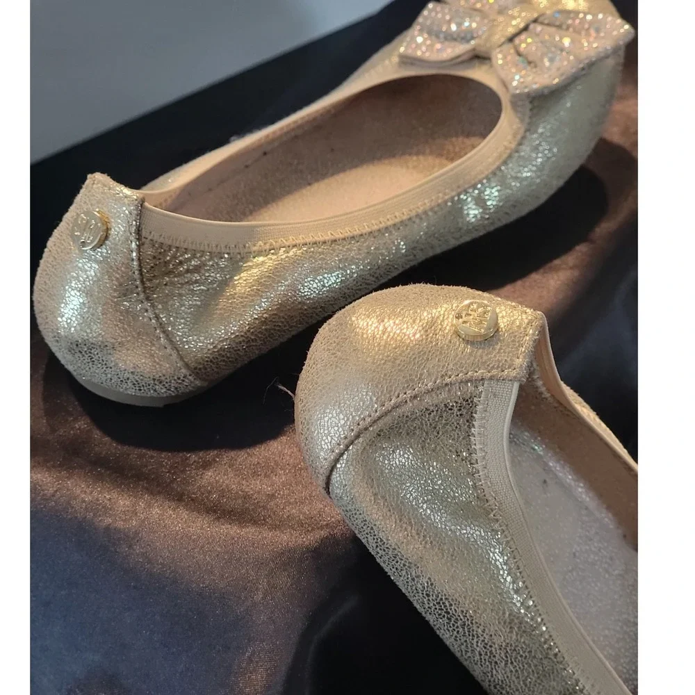 Stuart Weitzman Girls Gold Metallic Rhinestone Bow Ballet Flats Fanre Jewel 3